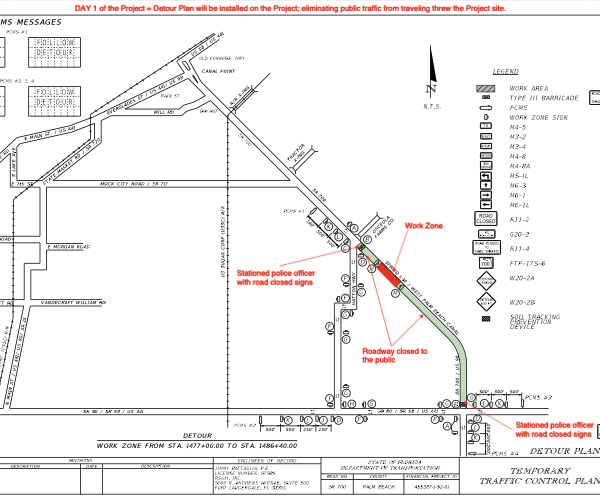 Detour plan map showing work zone, road closures, and detour route with a legend on the right and a north arrow.
