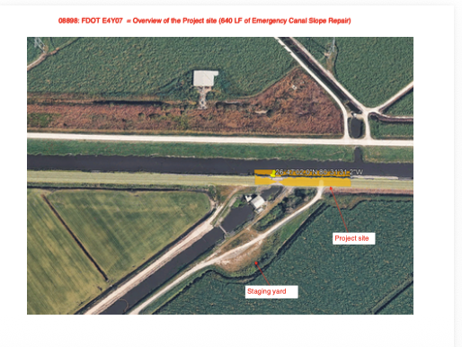 Aerial view of a canal and adjacent fields with labels marking the project site and staging yard.