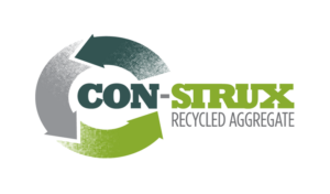 Logo for CON-STRUX Recycled Aggregate with circular green and gray arrows and the brand name 'CON-STRUX' (tagline: Recycled Aggregate).
