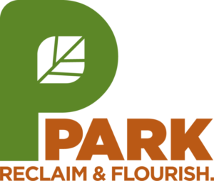Logo featuring a large green letter P with a leaf motif and the word PARK in orange, plus the tagline 'Reclaim & Flourish' in orange.