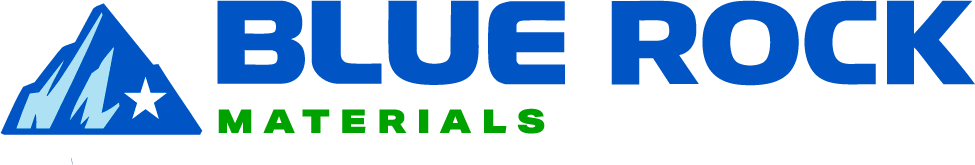 Blue Rock Materials logo: blue mountain triangle with a white star, followed by bold blue 'BLUE ROCK' and green 'MATERIALS' text.
